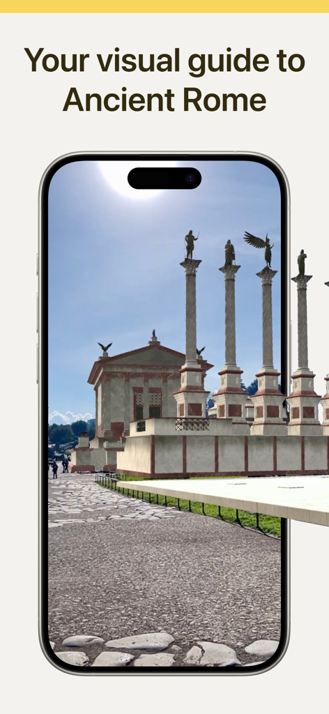 Un iPhone mostrando una reconstrucción de realidad aumentada de edificios y pilares de la antigua Roma sobre un camino de piedra.
