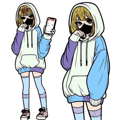 realistic girl who looks tired and is wearing an oversized hoodie and knee high socks and is holding a phone