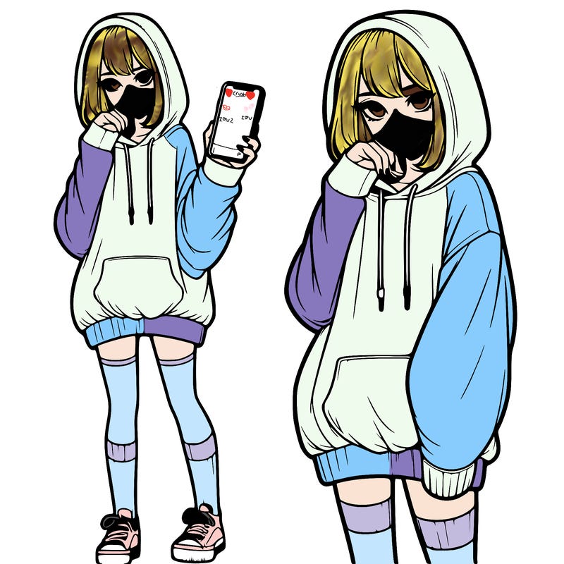 realistic girl who looks tired and is wearing an oversized hoodie and knee high socks and is holding a phone