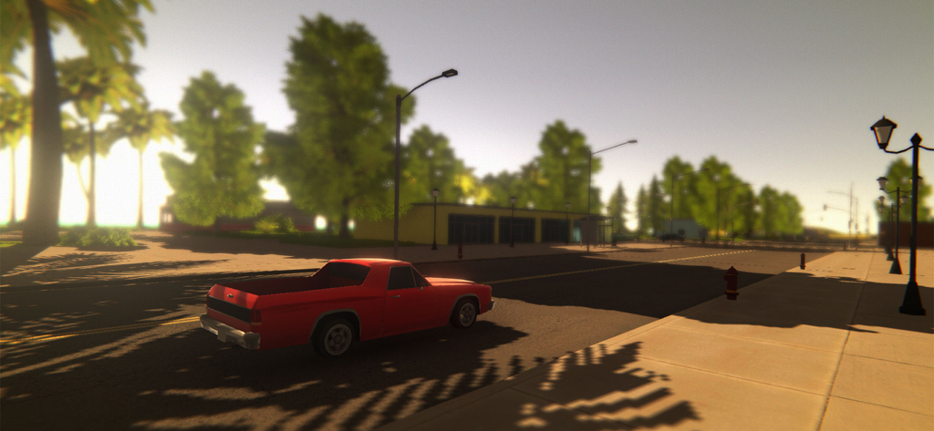 Ocean Is Home 2: Island Life - A red pickup truck driving through a sunny island town in the Ocean Is Home 2 simulator game.