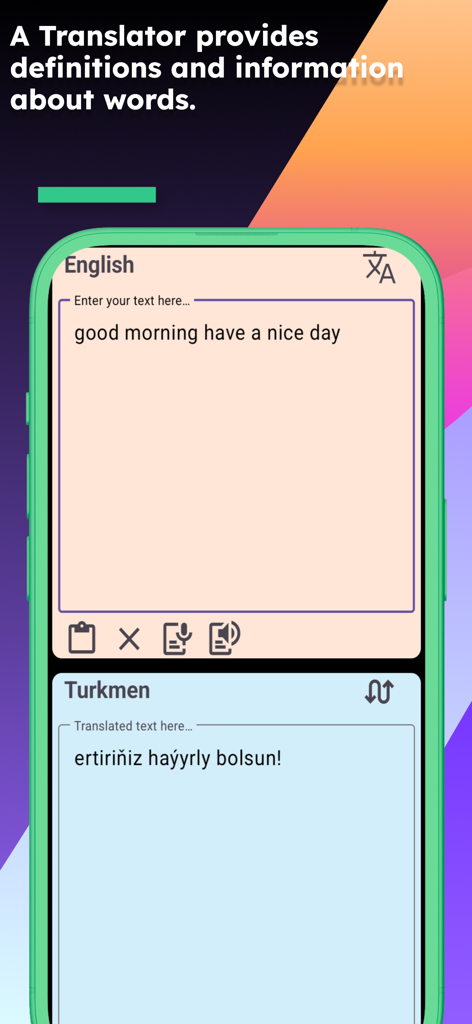 English Turkmen Translator app interface showing a translation example from English to Turkmen