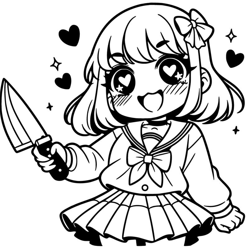 a girl in a school outfit with hearts in her eyes and holding a knife
