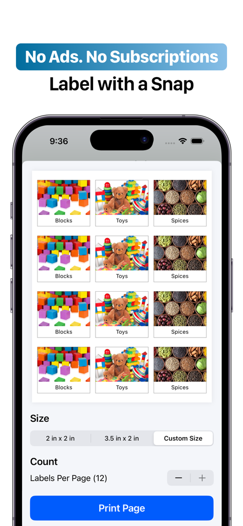 Screenshot of Label Pics plus app showing photo labels for toys and spices with print size options