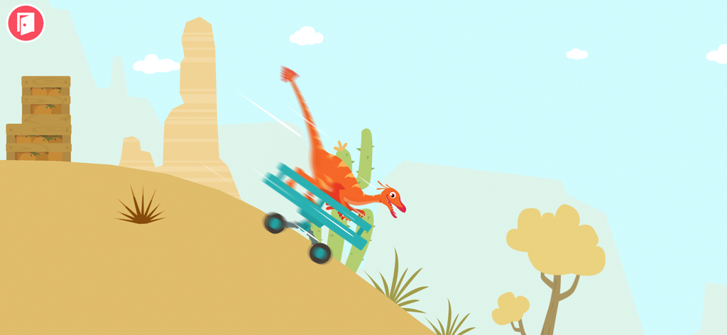 Ein orangefarbener Raptor-Dinosaurier fährt mit einem blauen Fahrzeug einen sandigen Wüstenhügel hinunter.