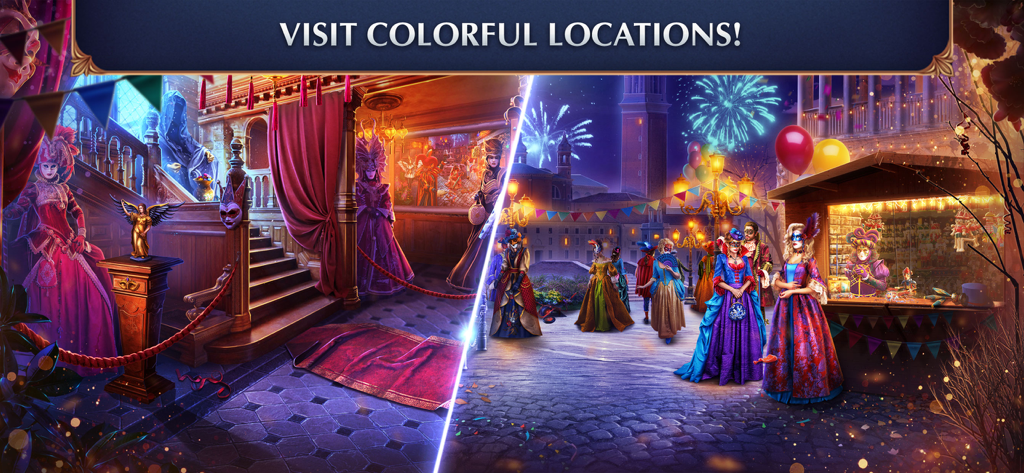 A split screen showing a colorful indoor ballroom and an outdoor nighttime carnival in Venice