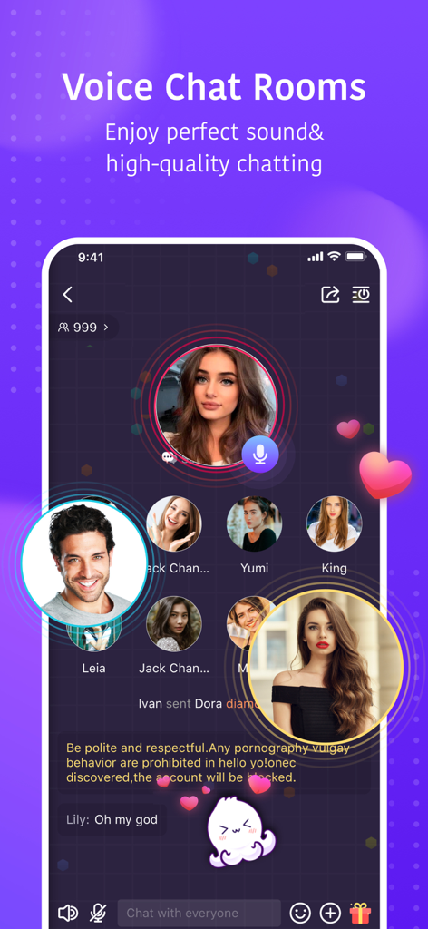 Hello Yo – Group Chat Rooms - Hello Yo app interface showing a live group voice chat room with multiple user profile pictures and social interaction features.