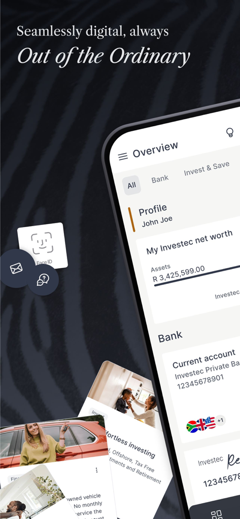 Dashboard do aplicativo Investec Private Client mostrando patrimônio líquido, contas bancárias e suporte a moeda internacional com segurança FaceID.