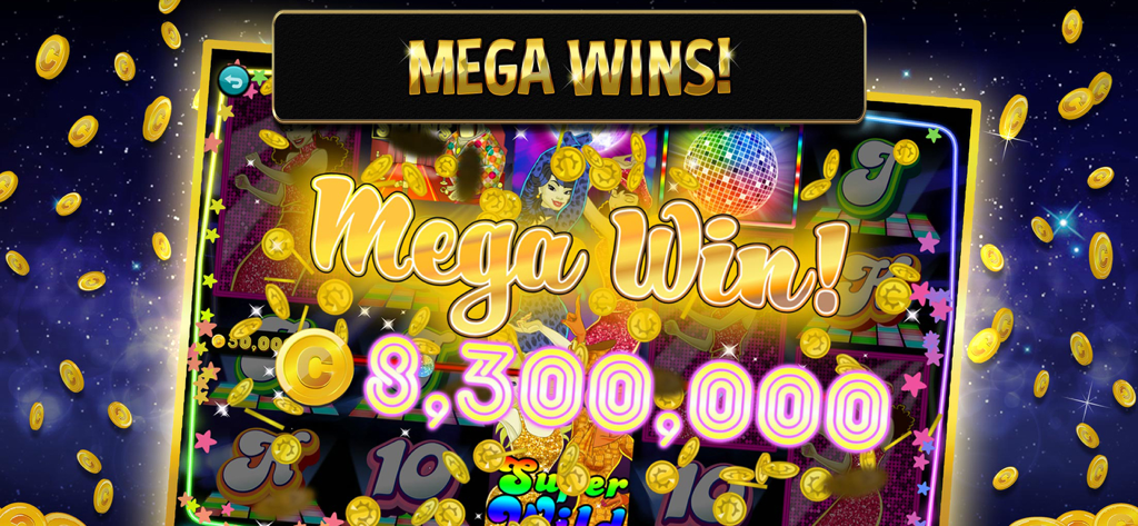 Vegas World Casino - Un écran du casino Vegas World célébrant un méga gain de 8 300 000 pièces, avec des pièces d'or tombant sur un fond de machine à sous sur le thème du disco.