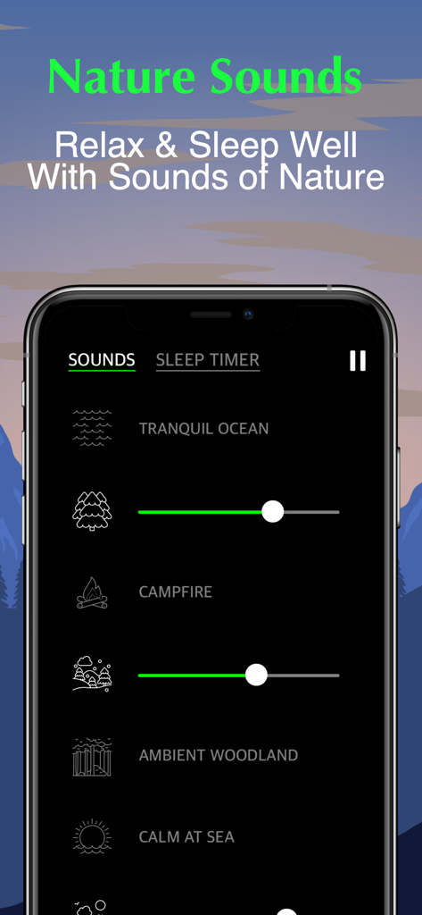 Nature Sounds : Sleep & Relax - Una pantalla de smartphone que muestra la aplicación Sonidos de la Naturaleza con controles deslizantes de volumen para varios sonidos de relajación como el océano y la fogata.
