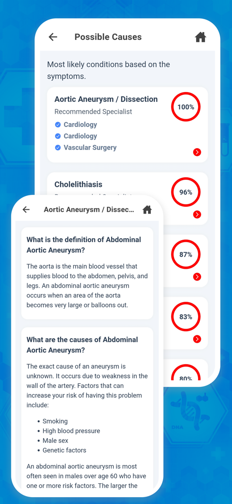 PillBox - Pill Identifier App - Mobile app interface showing the symptom checker and health treatment guides for medical conditions.