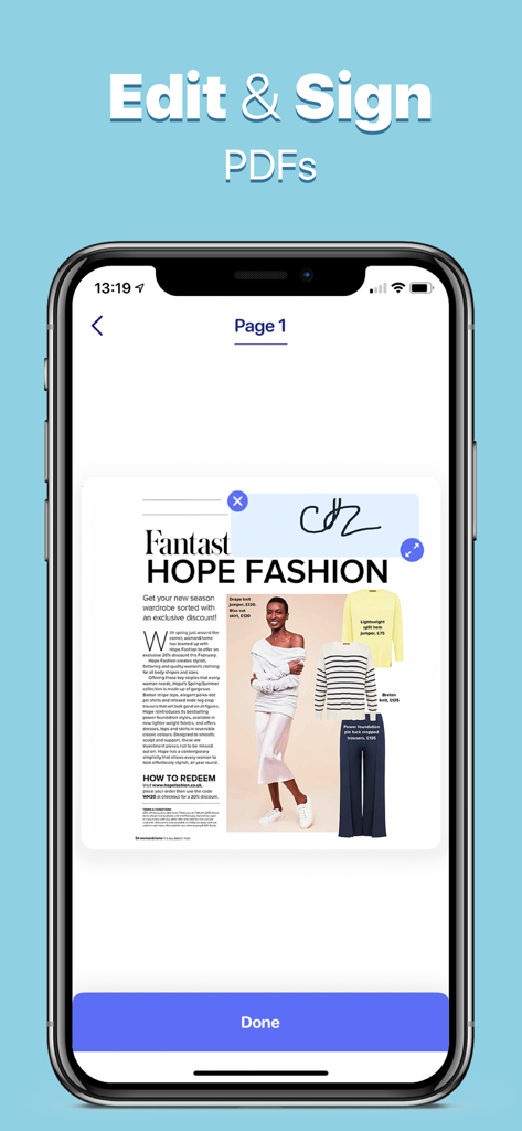 Camera Scanner app interface showing how to edit and digitally sign PDF documents on an iPhone