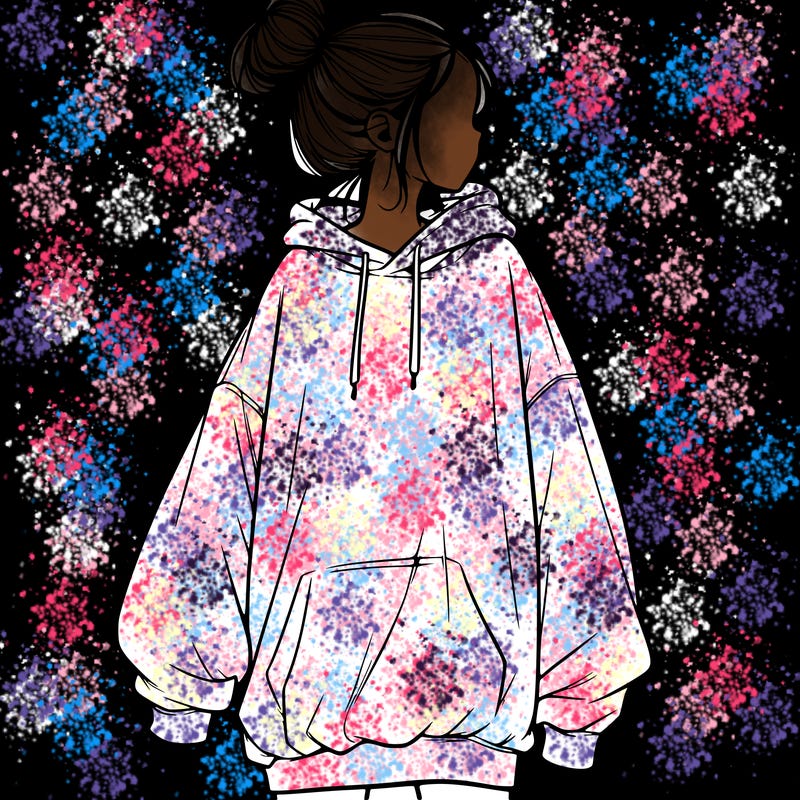 realistic girl with a oversized sweatshirt on and a bun