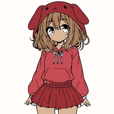 pretty anime girl wearing a fluffy hoodie with bunny ears on the hood and a skirt