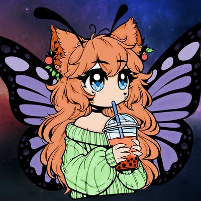 a realistic butterfly/furry girl drinking boba