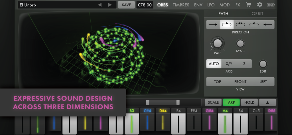 Animoog Z synthesizer app interface featuring 3D sound design visualization and a touch keyboard