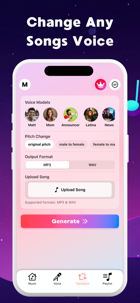 BeatBot: AI Music Generator - BeatBot mobile app interface showing AI voice models and pitch change settings to transform any song voice