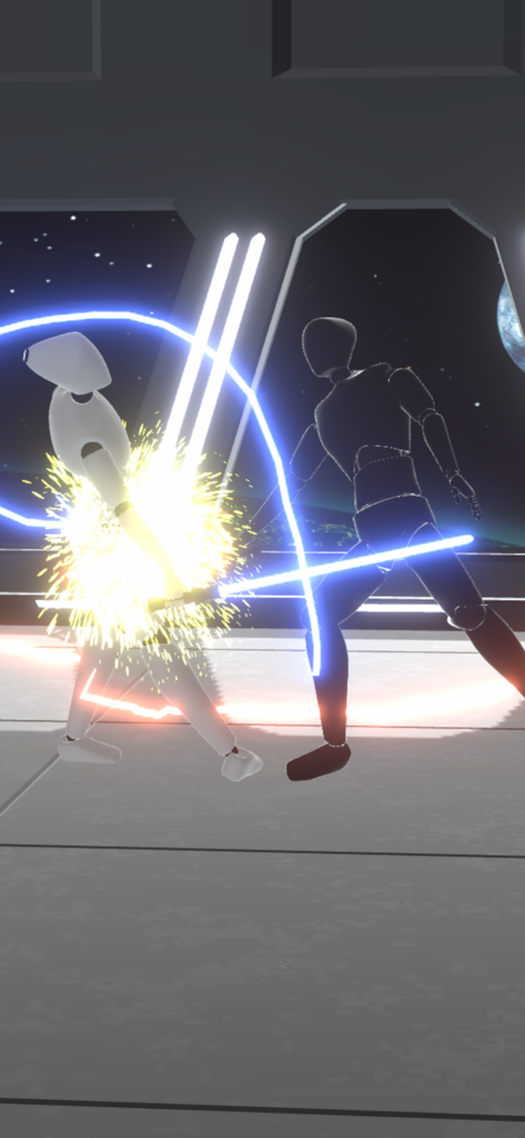 Draw Saber - Two characters fighting with glowing blue sabers in a space setting