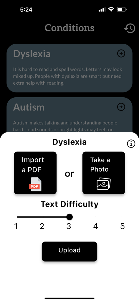 Interfaz de la aplicación ReadAble mostrando opciones de asistencia de lectura para dislexia con importación de PDF, captura de fotos y control deslizante de dificultad del texto.