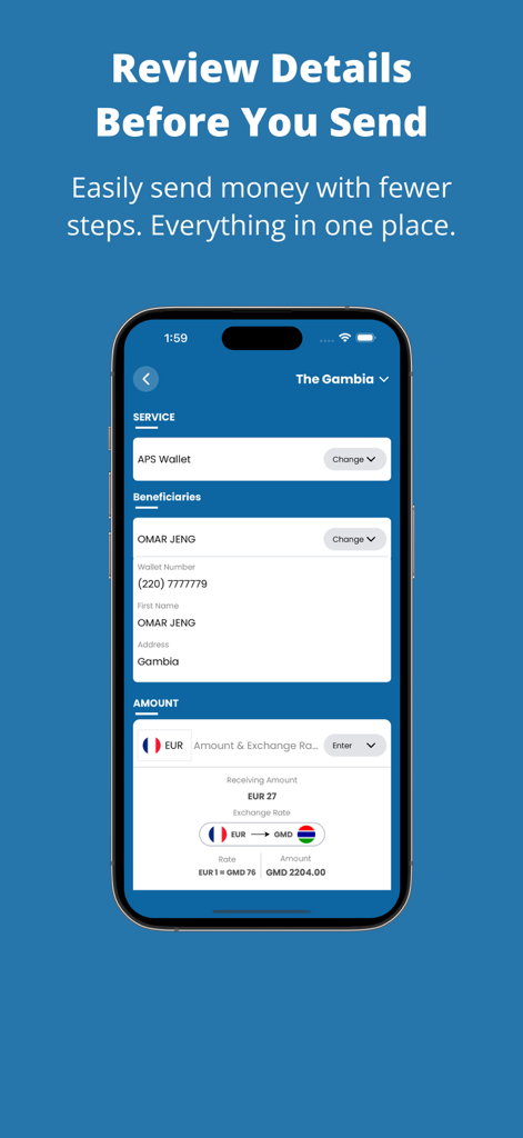 Mobile app interface showing the review details screen before sending a money transfer to The Gambia.