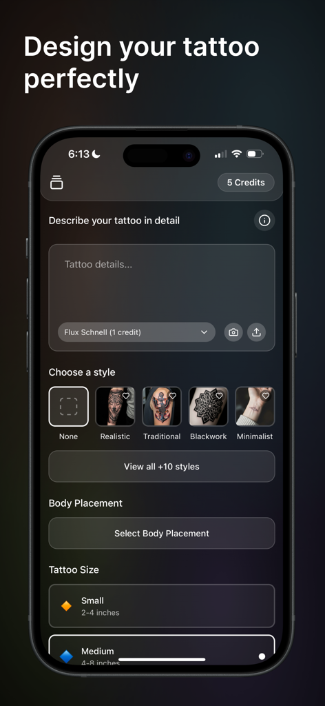 User interface of the Inko AI Tattoo Generator app showing options for describing designs choosing styles like realistic or minimalist and selecting body placement