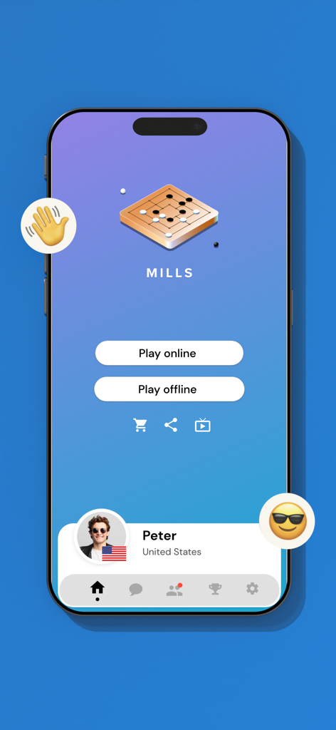 Mills | Nine Men's Morris - Main menu of the Mills Nine Mens Morris mobile app showing play online and offline buttons.