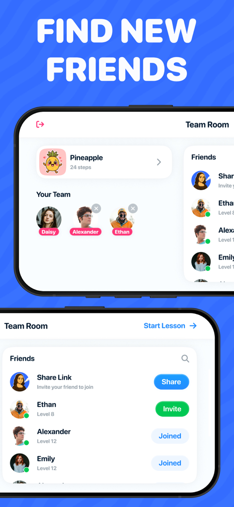 Drawly: Learn to Draw Together - Drawly App-Oberfläche, die den Teamraum zeigt, in dem Benutzer Freunde einladen und an Multiplayer-Zeichen-Sitzungen teilnehmen können.