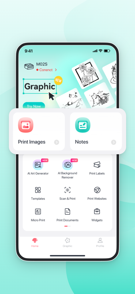 Phomemo - Interfaz de la aplicación Phomemo que muestra varias herramientas de impresión para imágenes y notas