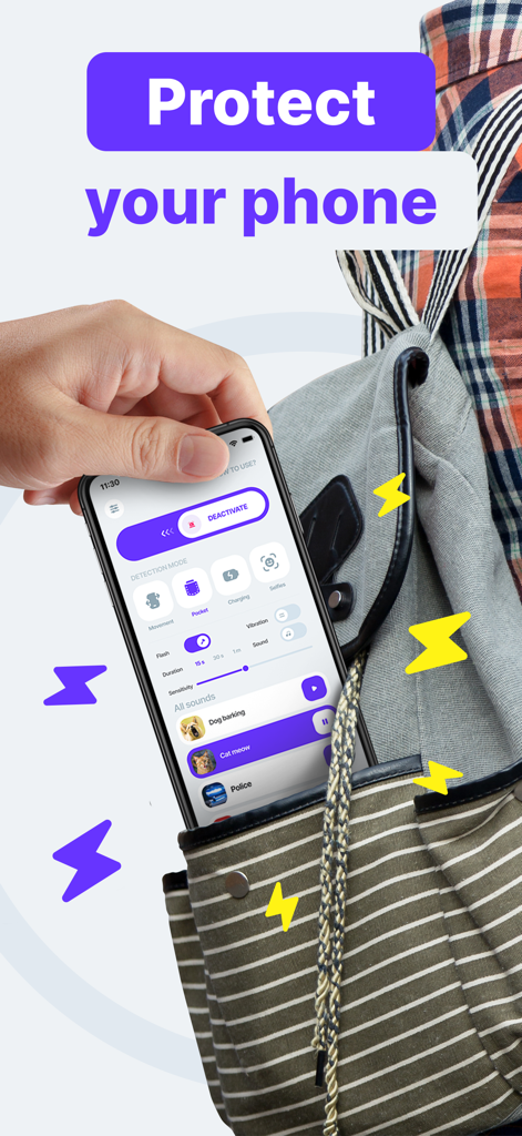 Don't Touch My Phone: App - A hand pulling a smartphone with the Don't Touch My Phone security app interface out of a striped bag.