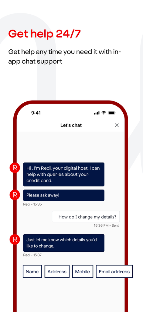 Virgin Money Credit Card - Virgin Money credit card app 24/7 in-app chat support interface with digital host Redi.