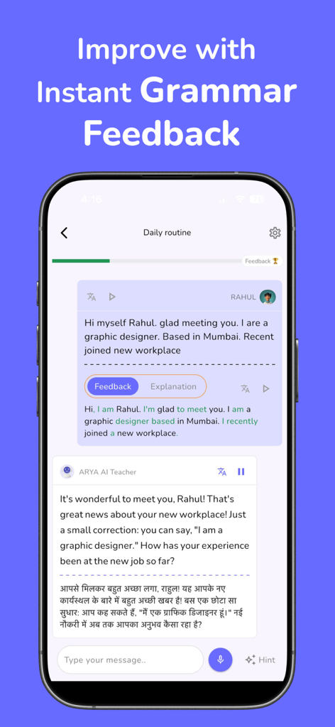MySivi AI English Speaking App - MySiviアプリが、ヒンディー語翻訳付きの即時文法フィードバックとAI会話を表示している様子。