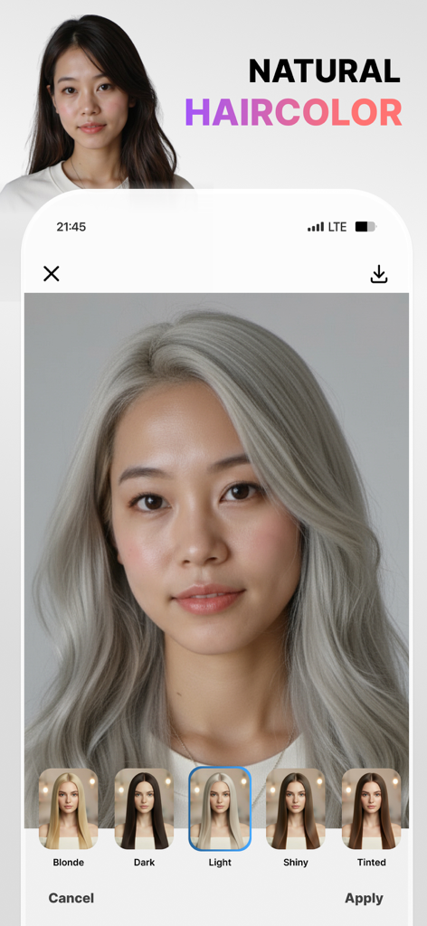 Uma mulher usando o aplicativo Visio para mudar a cor do cabelo para um prateado claro natural usando presets de IA.