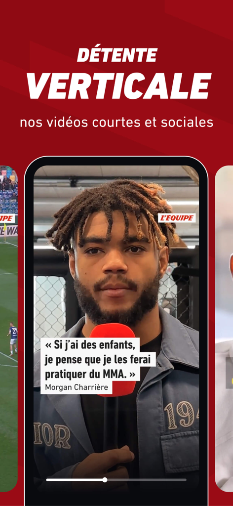 L’EQUIPE - live, sport, tv - Vertical video feed on the L'Equipe app featuring an interview with MMA fighter Morgan Charrière
