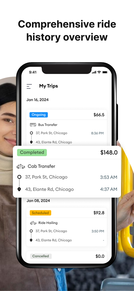 Smartphone screen displaying the AllRide Customer app ride history with various trip statuses including ongoing and completed rides
