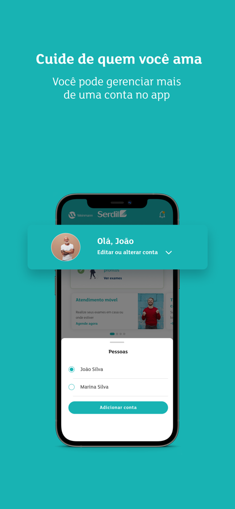 Weinmann Serdil - Interface do aplicativo Weinmann Serdil mostrando o recurso de gerenciamento multiusuário para perfis de saúde familiar