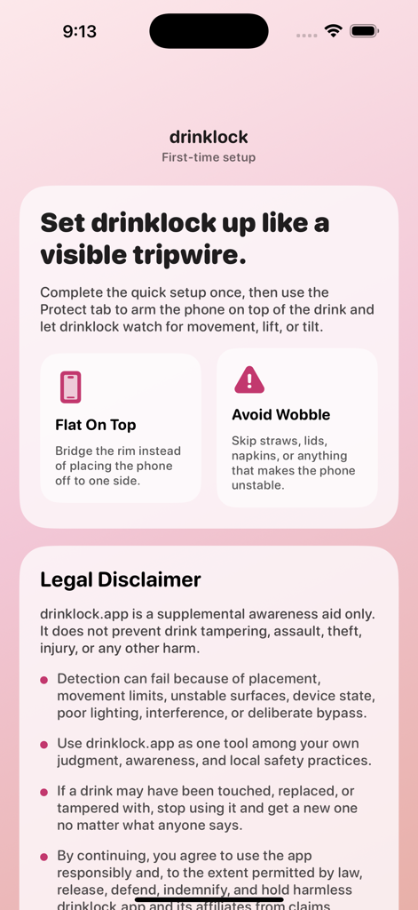 DrinkLock - DrinkLock app setup screen showing instructions to place phone flat on top of a drink and a legal disclaimer section