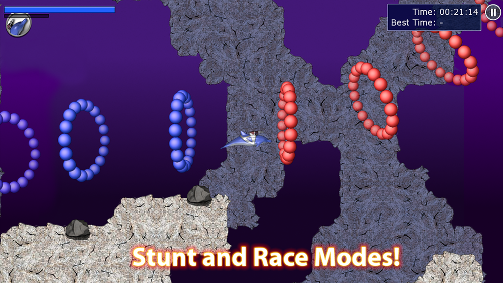 The Laser Dolphin character swimming through blue and red floating rings in a stunt level.