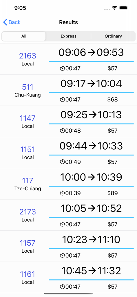 A screen showing Taiwan train departure times and ticket prices in the GoTW app