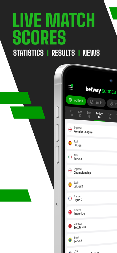 Betway Scores app interface displaying live match scores and a list of international football leagues