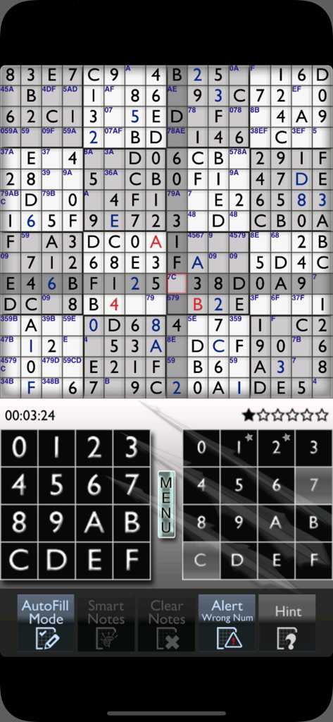 Una cuadrícula de Sudoku de 16x16 con números hexadecimales y controles de juego en una pantalla móvil