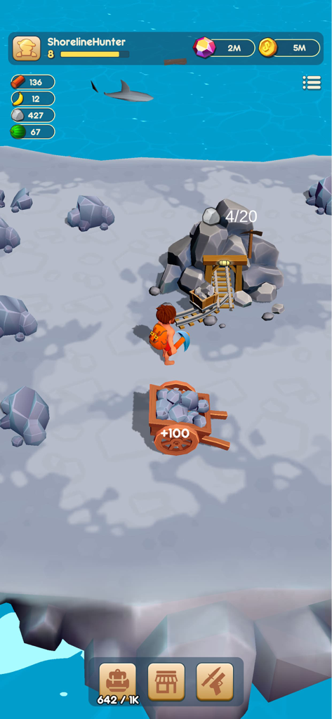 Raft® Survival Adventure Quest - Un personaje recolectando recursos de piedra en una isla en Raft Survival Adventure Quest