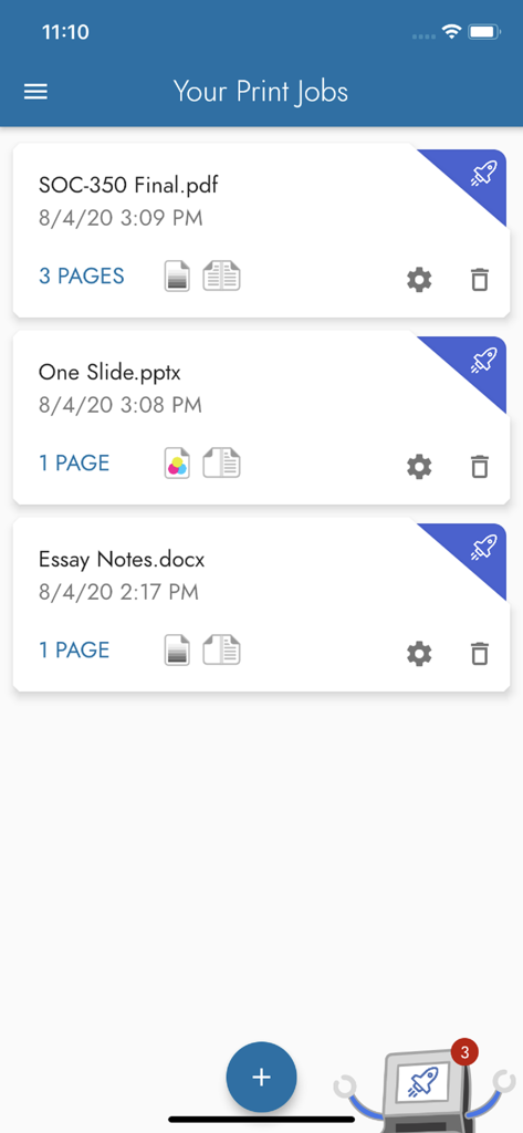 Uma interface móvel para o aplicativo Wepa Print mostrando uma lista de documentos na fila de impressão, incluindo um trabalho final e anotações de ensaio.