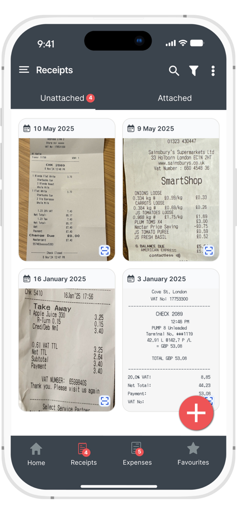 The Receipts dashboard of the ExpenseIn app showing a grid of digital copies of paper receipts with their corresponding dates.