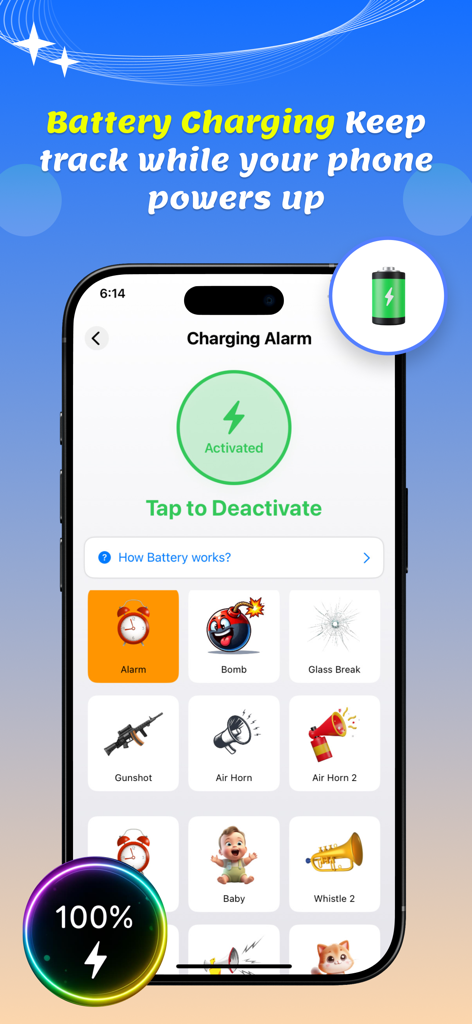 Anti theft : Don't touch phone - Interface of the Anti-theft app showing the activated Battery Charging protection feature with various alarm sound options.