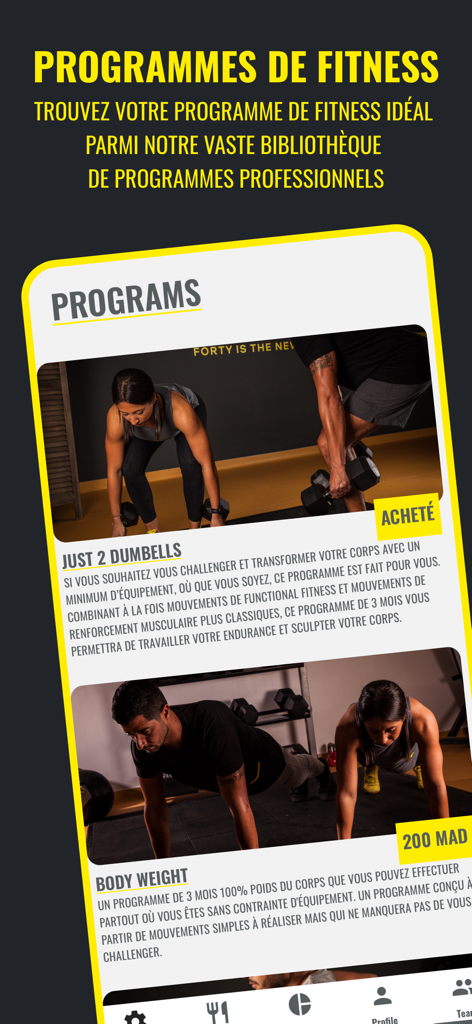 Screenshot der 4020-App, der eine Liste professioneller Fitnessprogramme auf Französisch anzeigt