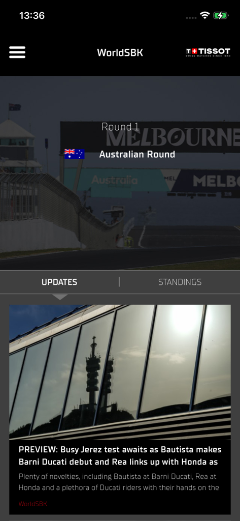 WorldSBK - Official WorldSBK app showing news updates and race round information.