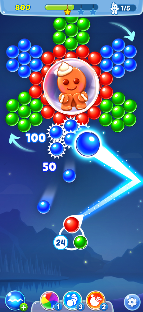 Gameplay of Bubble Shooter Pastry Pop showing colorful bubbles and a gingerbread man