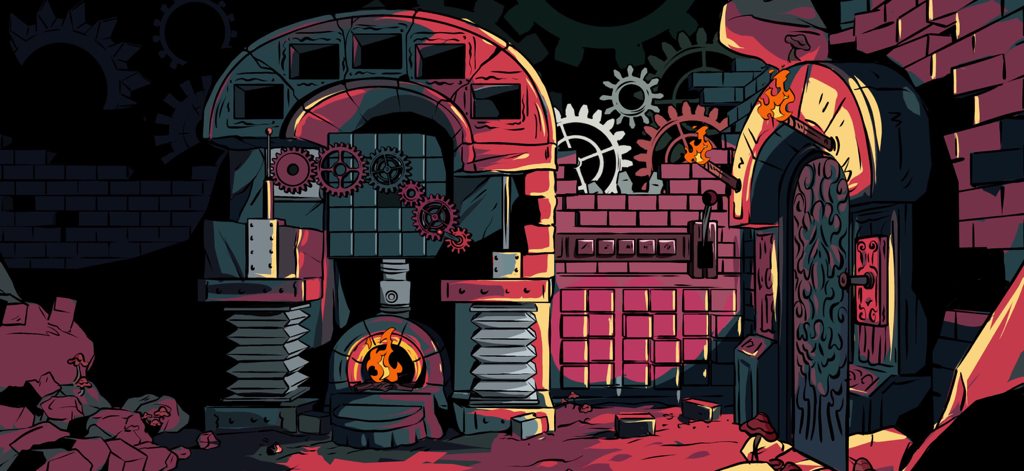 Parallel Experiment - Une énigme complexe d'engrenages mécaniques avec un four incandescent dans un style artistique bande dessinée noir.