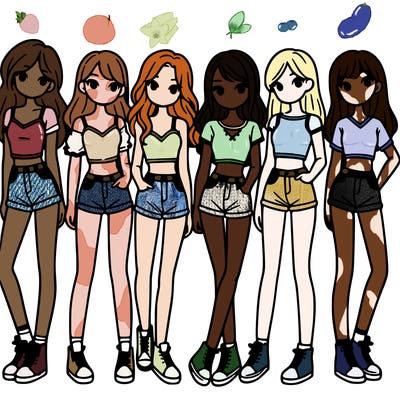 a group of girls wearing crop tops and shorts