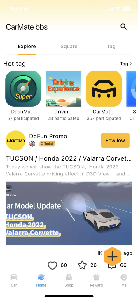 CarMate Pro - CarMate Pro app interface showing the explore section with car model updates and community tags