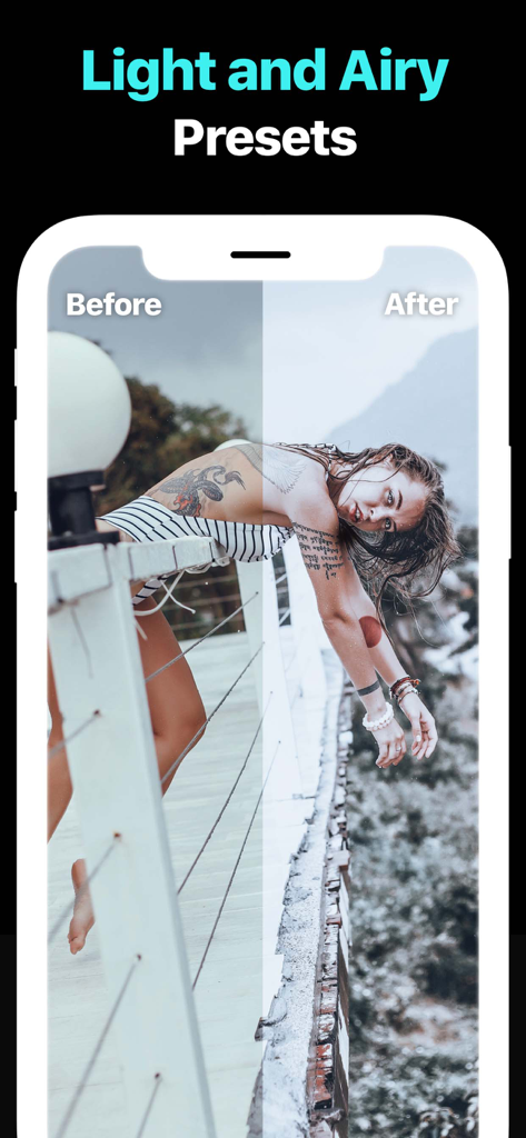 Before and after comparison of a lifestyle photo using the Light and Airy preset
